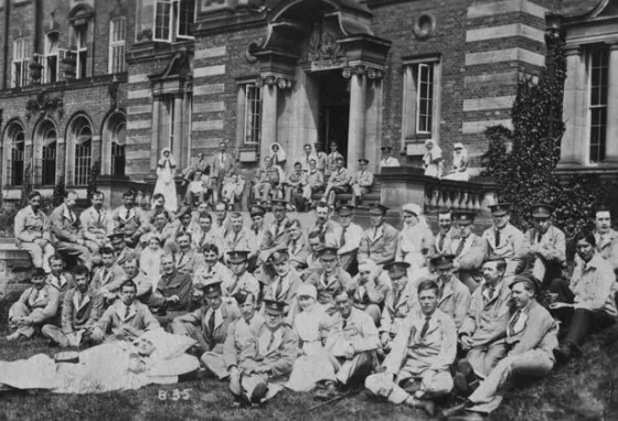 Wounded soldiers convalescing outside a First World War hospital