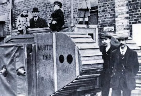 Replica tank outside the Miners’ Hall at Murton, County Durham in 1918. 