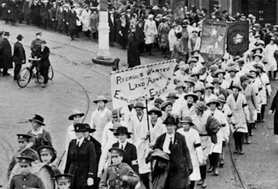 Women's Land Army procession through Bristol in 1918. Image from the book: 'Bristol and the Great War 1914-1919' edited by George F Stone and Charles Wells (1920)