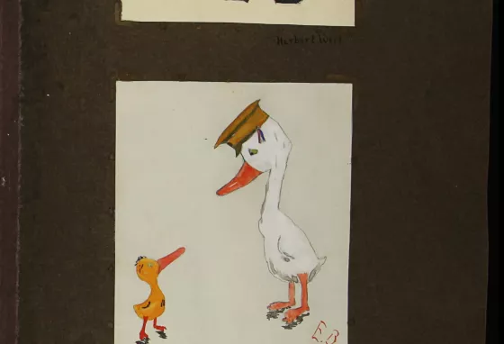 Children's pictures of a zeppelin and a recruiting officer as a duck