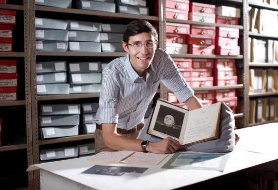 Matthew with a play script in the Peter Brook archive 