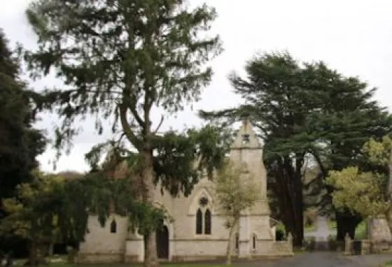 The mirrored chapels and cedar trees at Northwood Cemetery