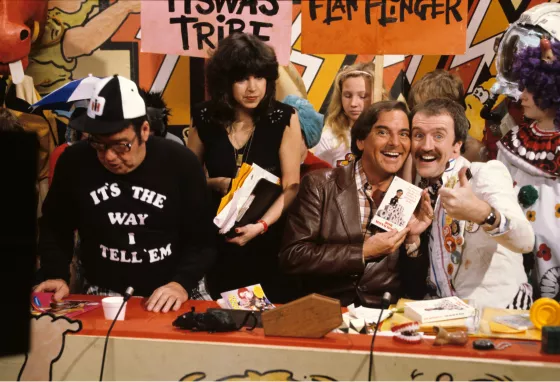 Frank Carson, Sally James, Bob Monkhouse and Gordon Astley on Tiswas