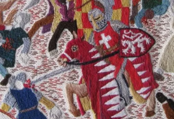 Simon de Montfort depicted in the Battle of Lewes Tapestry