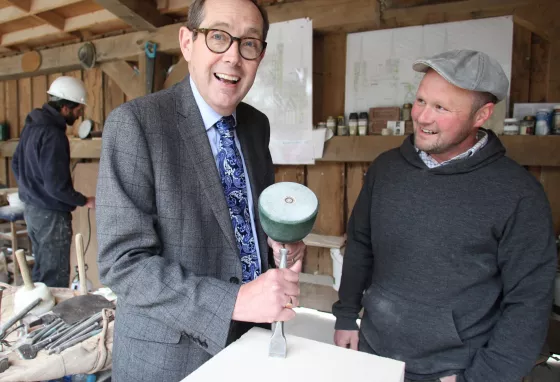 Sir Peter Luff with apprentice stonemasons at York Minster