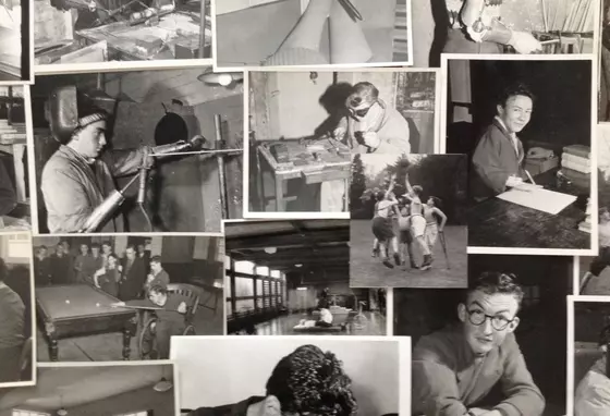 A group of black and white archive images featuring people with disabilities in the workplace.