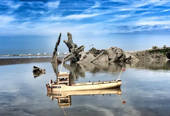 A model of a boat on water