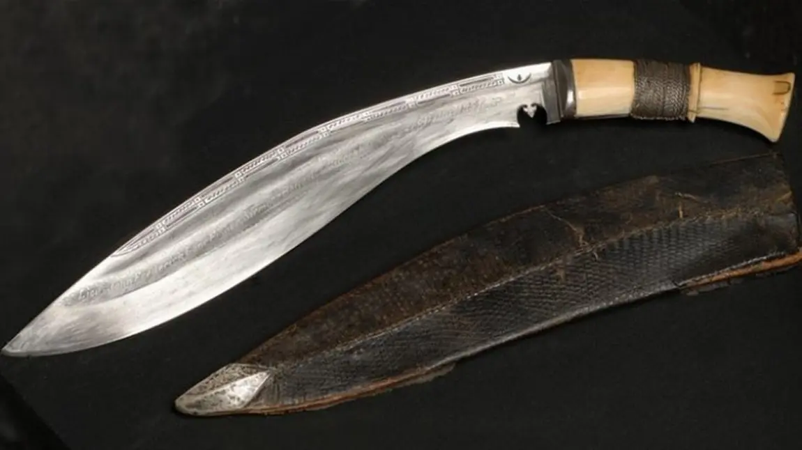 A khukuri, a long knife with a broad curved blade, which dates from the 1850s and belonged to Lieutenant Fisher