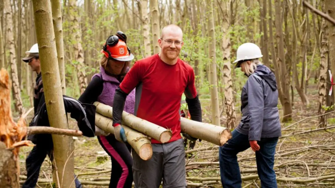 Two people carrying three cut tree trunks through a woodland.