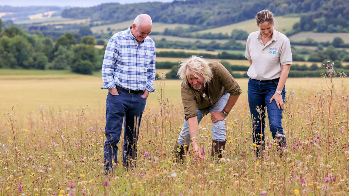 Three people standing in a field of wild flowers, one is bending down touching the flowers