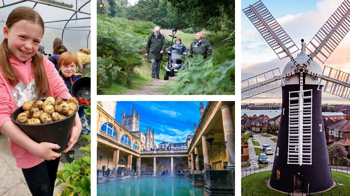 A collage of images featuring children picking vegetables, visitors at a nature reserve, Roman baths and a windmill