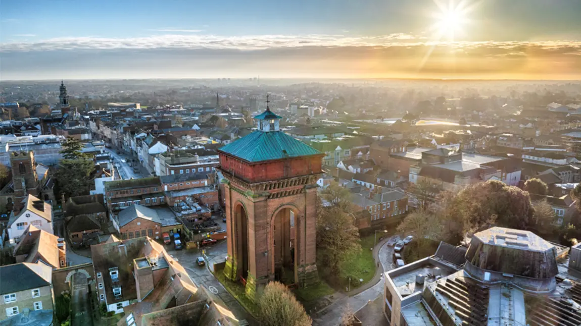 A view from above of the water tower in Colchester, standing high above other buildings