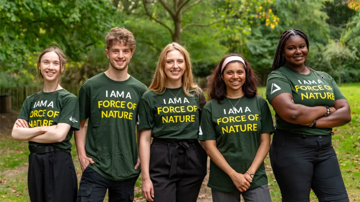 Five young people stand side by side wearing t-shirts that say 'we are a force of nature'