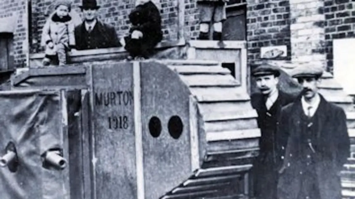 Replica tank outside the Miners’ Hall at Murton, County Durham in 1918. 