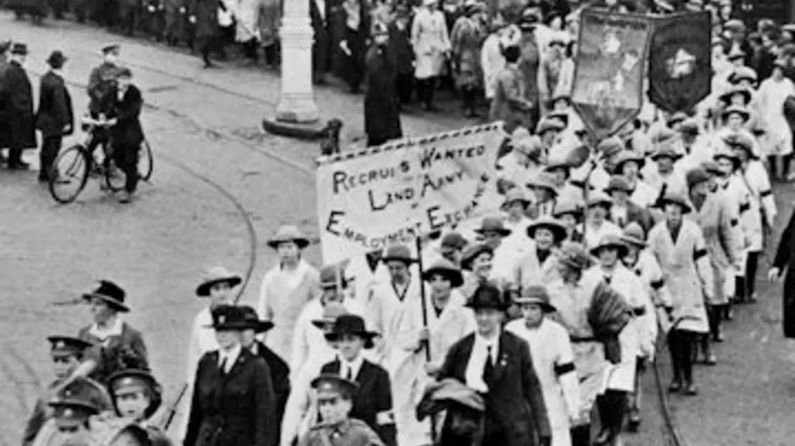 Women's Land Army procession through Bristol in 1918. Image from the book: 'Bristol and the Great War 1914-1919' edited by George F Stone and Charles Wells (1920)