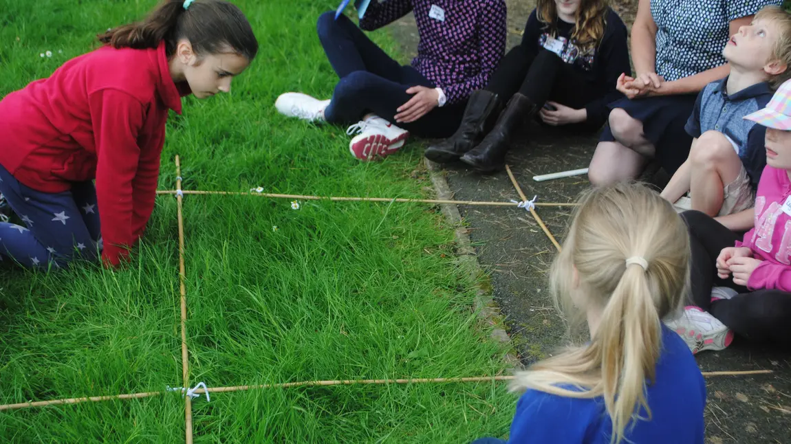 Schoolchildren surveying a patch of grass