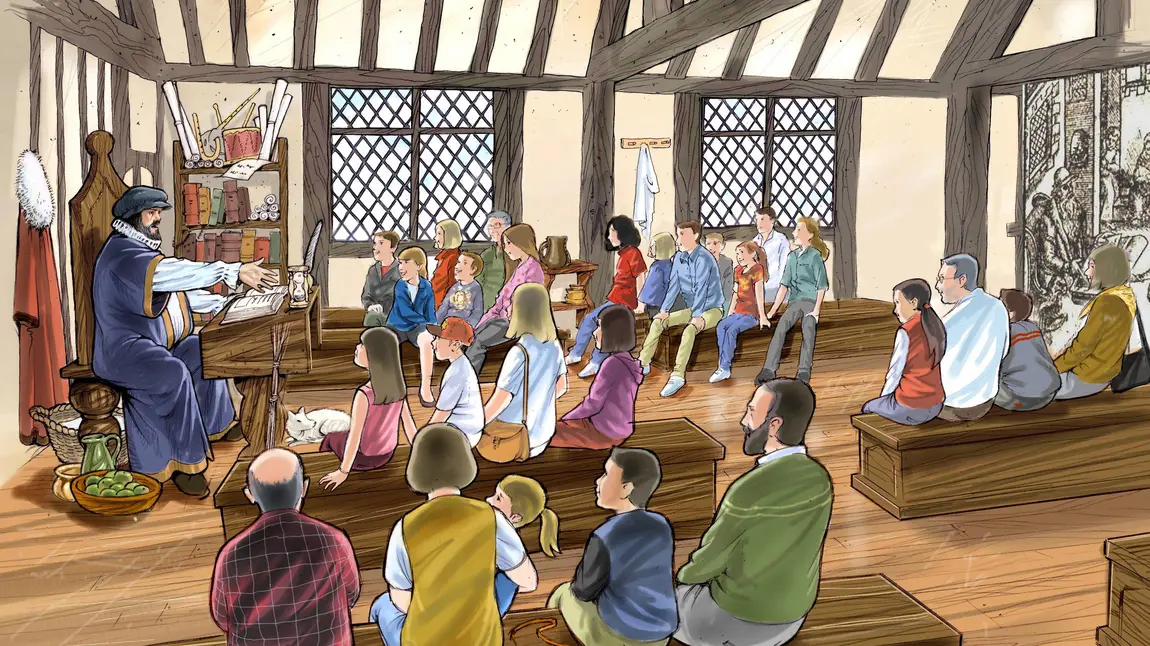 Artist's impression of how people can get involved in Shakespeare's school