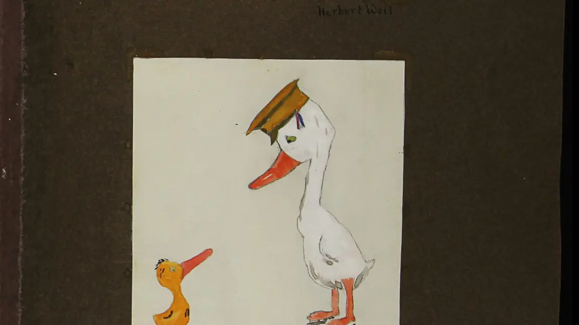 Children's pictures of a zeppelin and a recruiting officer as a duck