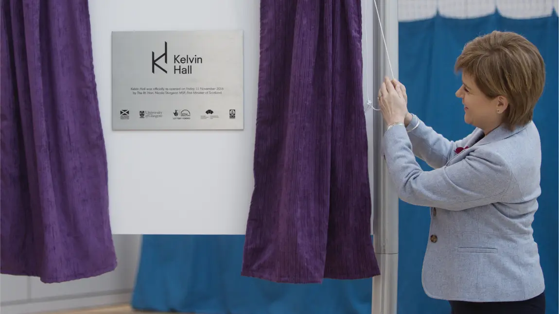 First Minister, Nicola Sturgeon unveiling the plaque at the opening of the first phase of Kelvin Hall, Glasgow