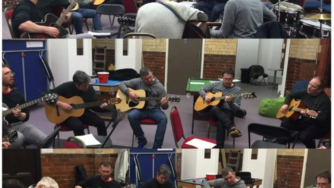 A collage showing a music group playing guitars and drums at The Florrie