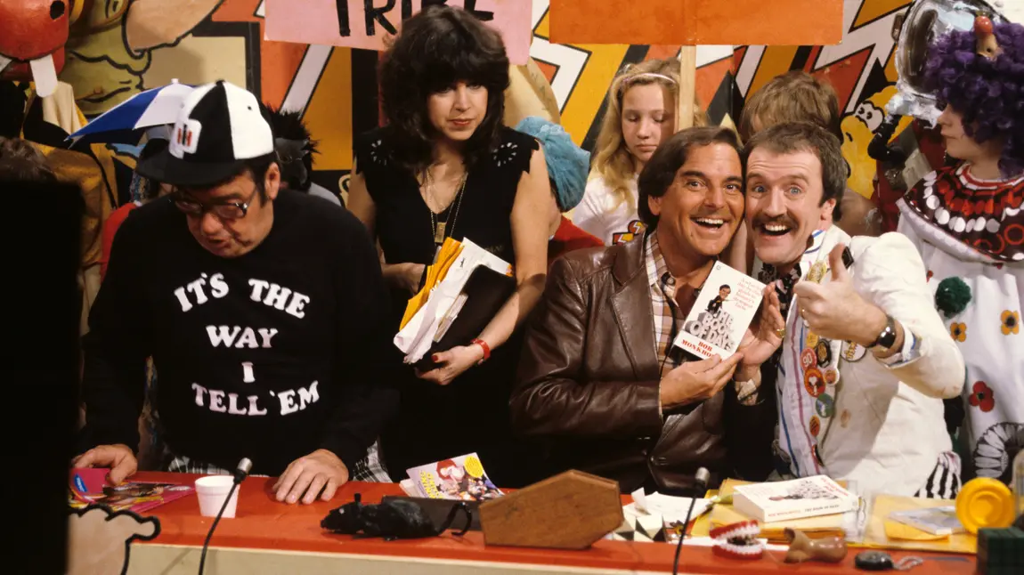 Frank Carson, Sally James, Bob Monkhouse and Gordon Astley on Tiswas