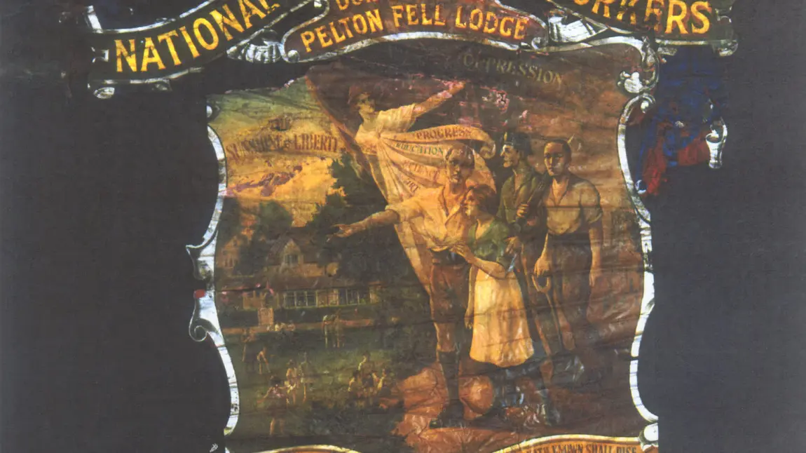 Pelton Fell's current miners' banner is on display at Beamish Museum